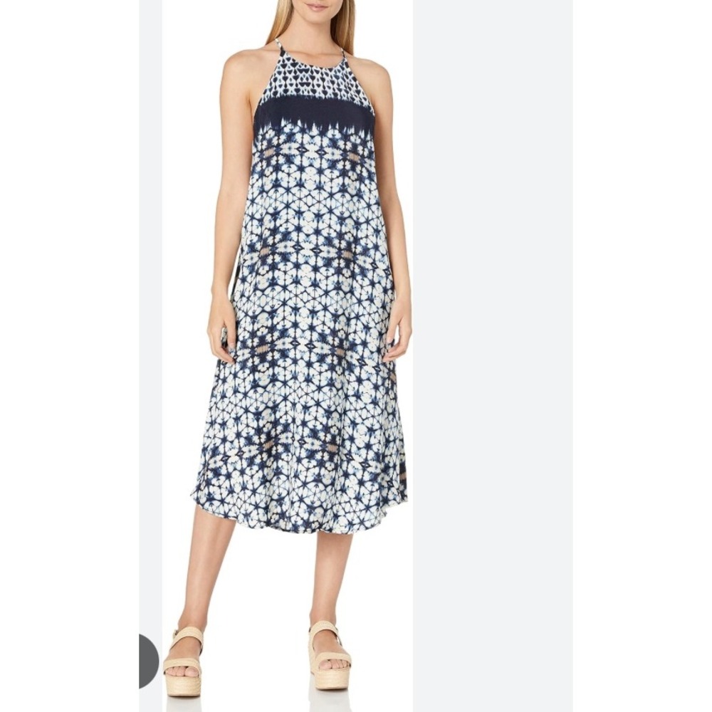 ASTR The Label Delfina Indigo Tie Dye Halter Open Back Midi Dress XS NWT